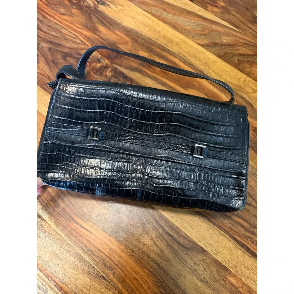 Etienne Aigner Black Croc Embossed Leather Baguette Shoulder Bag Silver Hardware